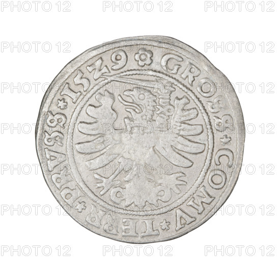 Prussian grosz, Sigismund I the Old (King of Poland; 1506–1548); 1529; Torun, Poland. Obverse: Crowned male bust in profile turned to the right; inscription in rim between pearly borders: .SIGIS.I.REX.PO.DO.TOCI.PRVSS Rv: The Eagle of Royal Prussia; inscription in rim between pearly borders: .GROSS.COMV.TERR.PRVSS.15Z9. Subjects/emblems: eagles, Jagiellonian dynasty, emblems, Eagle (emblem), male/royal bust; materials: coin.