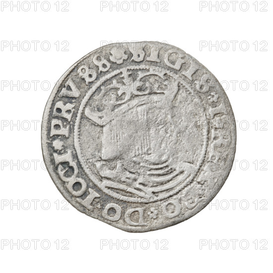 Prussian grosz, Sigismund I the Old (King of Poland ; 1506–1548); 1529; coin. Obverse: crowned male bust in profile turned to the right; rim inscription: .SIGIS.I.REX.PO.DO.TOCI.PRVSS Rw. Reverse: the Eagle of Royal Prussia; rim inscription: .GROSS.COMV.TERR.PRVSS. Torun, Poland. Subjects/emblems: eagles, Polish coins, Jagiellonians (dynasty), emblems, Eagle (emblem), male/royal bust; iconography of Sigismund I the Old.