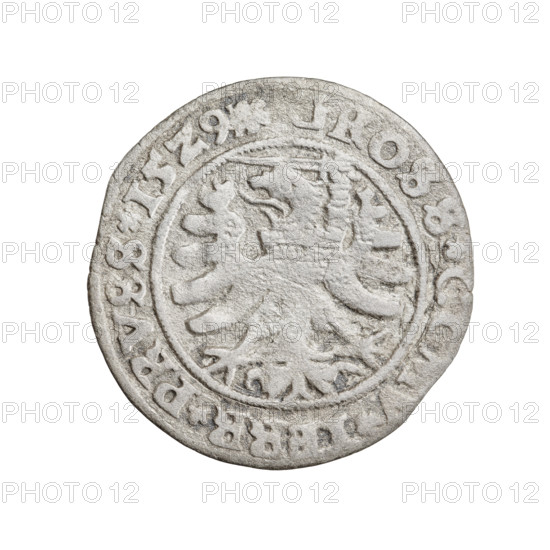 Prussian grosz, Sigismund I the Old (King of Poland; 1506–1548), eagles, Polish coins, Jagiellonians (dynasty), emblems, Eagle (emblem), male busts, royal bust, Sigismund I the Old (King of Poland; 1467–1548) - iconography. Obv.: Crowned male bust in profile turned to the right; in the rim between pearly borders an inscription: .SIGIS.I.REX.PO.DO.TOCI.PRVSS Rv.: The Eagle of Royal Prussia; in the rim between the pearl borders the inscription: .GROSS.COMV.TERR.PRVSS.15Z9. 1529, Torun, Poland, coin.