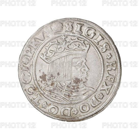 Prussian grosz, Sigismund I the Old (King of Poland; 1506–1548). Obverse: crowned male bust in profile turned to the right; in the rim between pearl borders an inscription: .SIGIS.REX.PO.DO.TOCI.PRV. Reverse: the Eagle of Royal Prussia; in the rim between the pearl borders the inscription: .GROSS.COMV.TERR.PRVSS.15Z9. 1529, Torun, Poland. Coin.