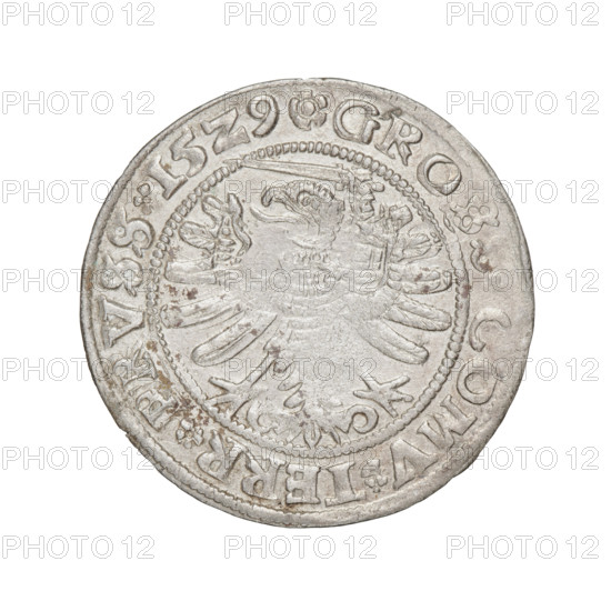 Prussian grosz, Sigismund I the Old (King of Poland; 1506–1548). Obverse: crowned male bust in profile turned to the right; in the rim between pearly borders an inscription: .SIGIS.REX.PO.DO.TOCI.PRV. Reverse: the Eagle of Royal Prussia; in the rim between the pearl borders the inscription: .GROSS.COMV.TERR.PRVSS.15Z9. 1529, Torun, Poland, coin.