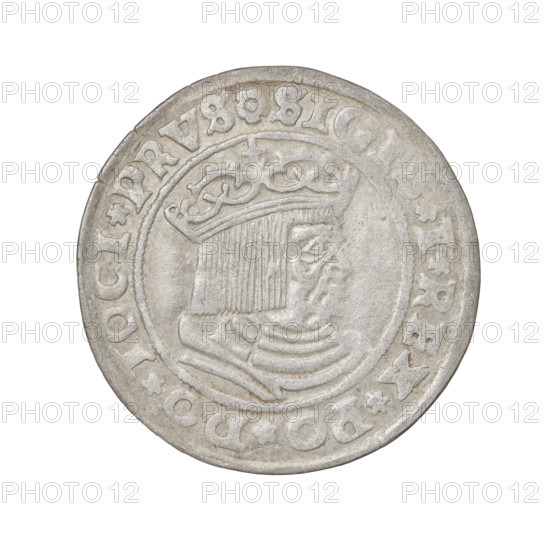Prussian grosz, Sigismund I the Old (King of Poland; 1506–1548). Obverse: Crowned male bust in profile turned to the right, in the rim between pearly borders an inscription: .SIGI, .I.REX.PO.DO.TOCI.PRVS. Reverse: The Eagle of Royal Prussia, in the rim between the pearl borders the inscription: .GROSS., MV.TERR.PRVSS.15Z9. Date: 1529. Place: Torun, Poland.