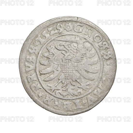 Prussian grosz, 1529, Torun, Poland. Obverse: Crowned male bust in profile turned to the right; in the rim between pearly borders an inscription: .SIGI, .I.REX.PO.DO.TOCI.PRVS. Reverse: The Eagle of Royal Prussia; in the rim between the pearl borders the inscription: .GROSS., MV.TERR.PRVSS. Depicts Sigismund I the Old (King of Poland, 1506–1548); style/emblems: eagles, royal bust, Jagiellonian dynasty iconography. Materials: coin.