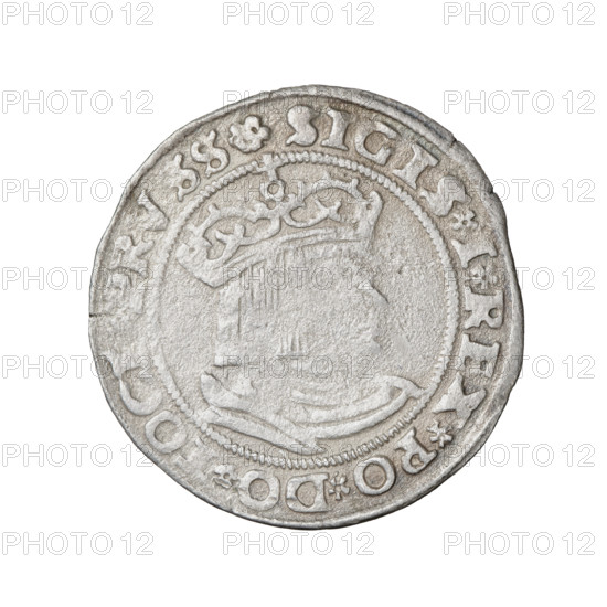 Prussian grosz, Sigismund I the Old (King of Poland; 1506–1548). Obverse: Crowned male bust in profile turned to the right; rim inscription: .SIGIS.I.REX.PO.DO.TOCI.PRVSS Rw. Reverse: The Eagle of Royal Prussia; rim inscription: .GROSS.COMV.TERR. VSS. 1529. 1529, Torun, Poland. Subjects/themes: eagles, Polish coins, Jagiellonians (dynasty), emblems, Eagle (emblem), male/royal bust; iconography of Sigismund I the Old (1467–1548). Materials/function: coin.