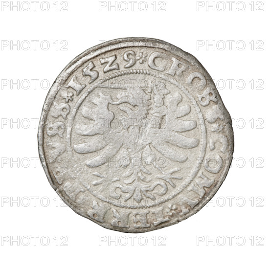 Prussian grosz, Sigismund I the Old (King of Poland; 1506–1548), eagles, Polish coins, Jagiellonians (dynasty), emblems, Eagle (emblem), male busts, royal bust, Sigismund I the Old (King of Poland; 1467–1548) - iconography. Obv.: Crowned male bust in profile turned to the right; in the rim between pearly borders an inscription: .SIGIS.I.REX.PO.DO.TOCI.PRVSS. Rev.: The Eagle of Royal Prussia; in the rim between the pearly borders the inscription: .GROSS.COMV.TERR., VSS. 1529. Torun, Poland; coin.