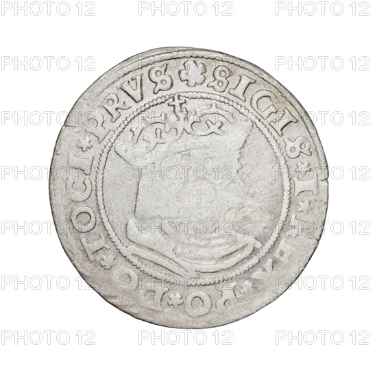 Prussian grosz, Sigismund I the Old (King of Poland; 1506–1548); silver coin (grosz), 1529, Torun, Poland. Obverse: Crowned male bust of Sigismund I in profile facing right; rim inscription between pearl borders: .SIGIS.I.REX.PO.DO.TOCI.PRVS. Reverse: The Eagle of Royal Prussia; rim inscription between pearl borders: .GROSS.COMV.TERR.PRVSS.15Z9. Subjects/attributes: eagles, emblems, royal/male bust, Jagiellonian dynasty, iconography of Sigismund I.