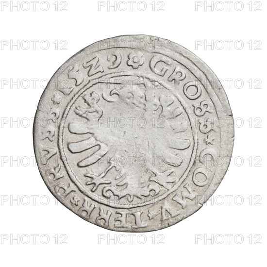 Prussian grosz, Sigismund I the Old (King of Poland; 1506–1548). Obverse: Crowned male bust in profile turned to the right; in the rim between pearl borders an inscription: .SIGIS.I.REX.PO.DO.TOCI.PRVS. Reverse: The Eagle of Royal Prussia; in the rim between the pearl borders the inscription: .GROSS.COMV.TERR.PRVSS.15Z9. 1529, Torun, Poland. Subjects/emblems: eagles, Polish coins, Jagiellonian dynasty, emblems, Eagle (emblem), male/royal bust; iconography of Sigismund I the Old (1467–1548).