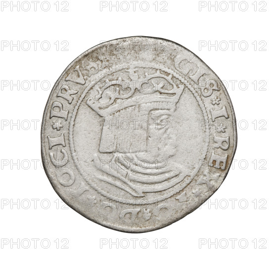 Prussian grosz, Sigismund I the Old (King of Poland; 1506–1548); 1529; Torun, Poland. Obverse: Crowned royal bust in profile to the right, inscription in rim between pearl borders: 'GIS.I.REX. D. OCI.PRVS'. Reverse: The Eagle of Royal Prussia, inscription in rim between pearl borders: 'OSS.COM RVSS.15Z'. Subjects/keywords: eagles, Polish coins, Jagiellonians (dynasty), emblems, Eagle (emblem), male busts, royal bust, Sigismund I the Old — iconography. Materials: coin.