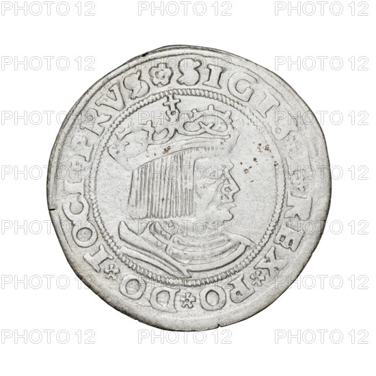 Prussian grosz, Sigismund I the Old (King of Poland; 1506–1548); obverse: crowned male bust in profile turned to the right, rim inscription '.SIGIS.I.REX.PO.DO.TOCI.PRVS'; reverse: the Eagle of Royal Prussia, rim inscription '.GROSS.COMV.TERR.PRVSS.15Z9'; 1529; Torun, Poland; coin.