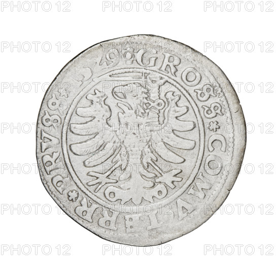 Prussian grosz, Sigismund I the Old (King of Poland; 1506–1548), 1529, Torun, Poland. Obverse: Crowned male bust in profile turned to the right, in rim between pearl borders an inscription: .SIGIS.I.REX.PO.DO.TOCI.PRVS Rw. Reverse: The Eagle of Royal Prussia, in rim between pearl borders the inscription: .GROSS.COMV.TERR.PRVSS.15Z9. Subjects/emblems: eagles, Polish coins, Jagiellonians dynasty, emblems, Eagle (emblem), male/royal bust, iconography of Sigismund I the Old.