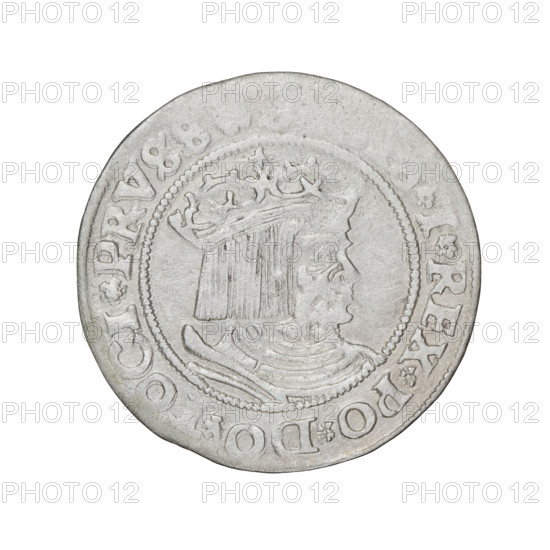 Prussian grosz, Sigismund I the Old (King of Poland; 1506–1548); obverse: crowned male bust in profile turned to the right, rim between pearl borders inscribed '.I.REX.PO.DO.TOCI.PRVSS'; reverse: the Eagle of Royal Prussia, rim between pearl borders inscribed '.GROSS.COM'; dated 1529, Torun; coin; emblems: eagles; Polish coins; Jagiellonians (dynasty); royal bust; iconography of Sigismund I the Old.