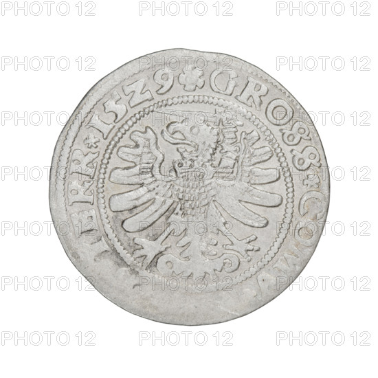 Prussian grosz, Sigismund I the Old (King of Poland; 1506–1548). Obverse: Crowned royal bust in profile facing right; rim between pearl borders with inscription: .I.REX.PO.DO.TOCI.PRVSS. Reverse: The Eagle of Royal Prussia; rim between pearl borders with inscription: .GROSS.COM. Err. 1529. Torun, Poland. Coin.