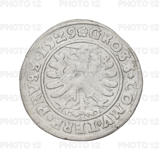 Prussian grosz, Sigismund I the Old (King of Poland; 1506–1548); 1529, Torun, Poland. Obverse: Crowned male bust in profile turned to the right, rim between pearl borders with inscription: .SIGIS.I.REX.PO.DO.TOCI.PRVS Rv.: The Eagle of Royal Prussia, rim between pearl borders with inscription: .GROSS.COMV.TERR.PRVSS.15Z9. Subjects/themes: eagles, Polish coins, Jagiellonians (dynasty), emblems, Eagle (emblem), male royal bust, iconography of Sigismund I the Old.