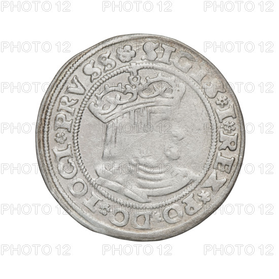 Prussian grosz, Sigismund I the Old (King of Poland; 1506–1548). Obverse: Crowned male bust in profile turned to the right, in the rim between pearly borders an inscription: .SIGIS.I.REX.PO.DO.TOCI.PRVSS. Reverse: The Eagle of Royal Prussia, in the rim between the pearl borders the inscription: .GROSS.COMV.TERR.PRVSS. 1529, Torun, Poland. Subjects/emblems: eagles, Polish coins, Jagiellonian dynasty, emblems, Eagle (emblem), male/royal bust, iconography of Sigismund I the Old.
