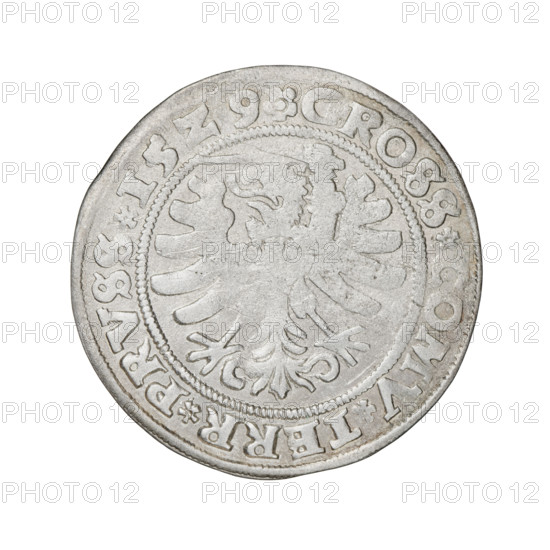 Prussian grosz, Sigismund I the Old (King of Poland; 1506–1548), 1529, Torun, Poland; silver coin. Obverse: Crowned male bust in profile turned to the right; in the rim between pearly borders an inscription: .SIGIS.I.REX.PO.DO.TOCI.PRVSS Rv: The Eagle of Royal Prussia; in the rim between the pearl borders the inscription: .GROSS.COMV.TERR.PRVSS. Attributes/subjects: eagles, Polish coins, Jagiellonians (dynasty), emblems, Eagle (emblem), male/royal bust, Sigismund I the Old — iconography.
