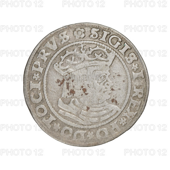 Prussian grosz, Sigismund I the Old (King of Poland; 1506–1548), 1529, Torun, Poland. Obverse: crowned male bust in profile turned to the right; in the rim between pearl borders an inscription: .SIGIS.I.REX.PO.DO.TOCI.PRVS. Reverse: the Eagle of Royal Prussia; in the rim between the pearl borders the inscription: .GROSS.COMV.TERR.PRVSS.15Z9. Subjects/attributes: eagles, Polish coins, Jagiellonians (dynasty), emblems, Eagle (emblem), male/royal bust, iconography of Sigismund I the Old.