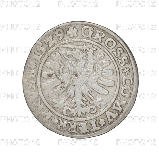 Prussian grosz, Sigismund I the Old (King of Poland; 1506–1548); 1529, Torun, Poland. Obverse: Crowned male bust in profile turned right, in rim between pearl borders an inscription: .SIGIS.I.REX.PO.DO.TOCI.PRVS. Reverse: The Eagle of Royal Prussia, in rim between pearl borders the inscription: .GROSS.COMV.TERR.PRVSS.15Z9. Subjects/emblems: eagles, royal bust, male busts; dynasty: Jagiellonians; iconography of Sigismund I the Old. Materials/function: coin.