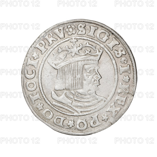 Prussian grosz, Sigismund I the Old (King of Poland; 1506–1548); obverse: crowned male bust in profile turned to the right, rim inscription: .SIGIS.I.REX.PO.DO.TOCI.PRV; reverse: the Eagle of Royal Prussia, rim inscription: .GROSS.COMV.TERR.PRVSS.15Z9; 1529; Torun, Poland; coin; emblems: eagles; subjects: male/royal bust; dynasty: Jagiellonians; iconography: Sigismund I the Old (1467–1548).