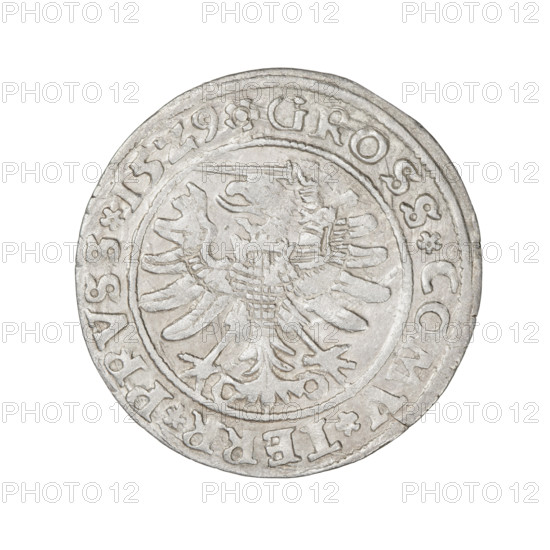 Prussian grosz, Sigismund I the Old (King of Poland; 1506–1548), 1529. Obverse: Crowned male bust in profile turned to the right; rim between pearl borders with inscription '.SIGIS.I.REX.PO.DO.TOCI.PRV'. Reverse: The Eagle of Royal Prussia; rim between pearl borders with inscription '.GROSS.COMV.TERR.PRVSS.15Z9'. Material: coin; motif: eagles, royal bust, emblems; style: Jagiellonian iconography; mint: Torun, Poland.