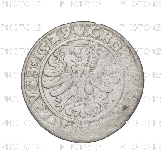 Prussian grosz, Sigismund I the Old (King of Poland; 1506–1548). Obverse: Crowned royal bust in profile turned to the right; rim between pearl-shaped borders with inscription '.SI, PO.DO.TOCI.PRVSS'. Reverse: Eagle of Royal Prussia; rim between pearl-shaped borders with inscription '.GROSS, R.PRVSS.15Z9'. Dated 1529, Torun, Poland. Subjects/themes: eagles, Polish coins, Jagiellonian dynasty, emblems, male/royal bust; iconography of Sigismund I the Old. Materials: coin.