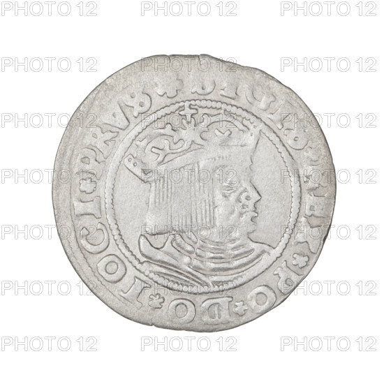 Prussian grosz, Sigismund I the Old (King of Poland; 1506–1548). Obverse: Crowned male bust in profile turned to the right; rim between pearl borders with inscription 'IS.REX.PO.DO.TOCI.PRVS'. Reverse: The Eagle of Royal Prussia; rim between pearl borders with inscription 'GROSS. V.TERR.PRVSS. 15Z9'. 1529, Torun, Poland, coin.