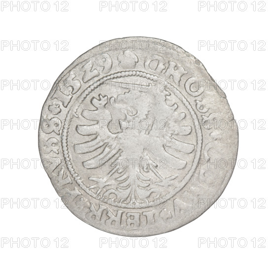 Prussian grosz, Sigismund I the Old (King of Poland; 1506–1548). Obverse: Crowned male bust in profile turned to the right, in the rim between the pearl borders an inscription: .IS.REX.PO.DO.TOCI.PRVS. Reverse: The Eagle of Royal Prussia, in the rim between the pearl borders the inscription: .GROSS., V.TERR.PRVSS. Date: 1529. Mint: Torun, Poland. Subjects/emblems: eagles, royal bust, Jagiellonian dynasty, inscriptions.