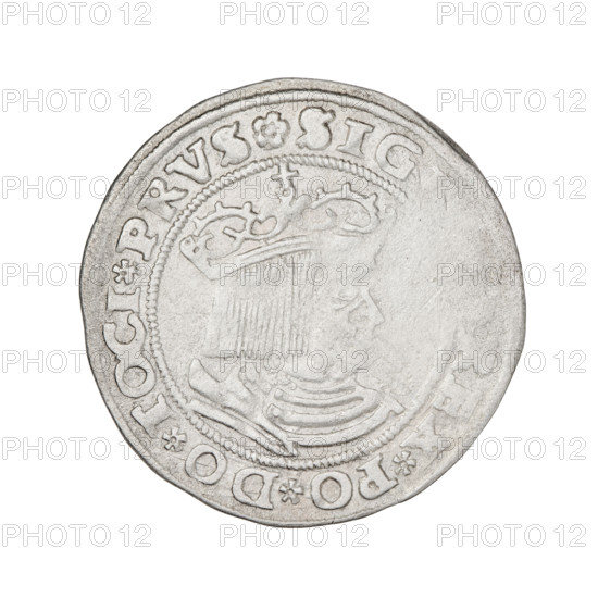 Prussian grosz, Sigismund I the Old (King of Poland; 1506–1548); silver coin, 1529, Torun, Poland. Obverse: Crowned male bust in profile turned to the right; rim inscription between pearl borders: .SIG, REX.PO.DO.TOCI.PRVS. Reverse: The Eagle of Royal Prussia; rim inscription between pearl borders: .GROSS.COMV.TER, SS.15Z9. Iconography: eagles, emblems, male/royal bust, Jagiellonian dynasty; subject: Sigismund I the Old.