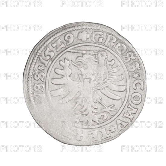 Prussian grosz, Sigismund I the Old (King of Poland; 1506–1548); silver coin, 1529, Torun, Poland. Obverse: Crowned male bust in profile turned to the right, in the rim between pearl borders an inscription: .SIG, REX.PO.DO.TOCI.PRVS. Reverse: The Eagle of Royal Prussia, in the rim between the pearl borders the inscription: .GROSS.COMV.TER, SS.1529. Iconography: eagles, royal bust, male busts, emblems; Jagiellonian dynasty; inscriptional legend.