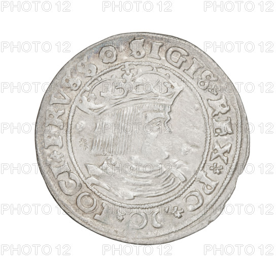 Prussian grosz, Sigismund I the Old (King of Poland; 1506–1548). Obverse: Crowned male bust in profile turned to the right, in the rim between pearly borders an inscription: .SIGIS.REX.PO. Reverse: The Eagle of Royal Prussia, in the rim between the pearl borders the inscription: .GROSS.COMV.TE.R.PRVS.15Z9. 1529, Torun, Poland, coin.