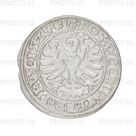 Prussian grosz, Sigismund I the Old (King of Poland; 1506–1548). Obverse: Crowned male bust in profile turned to the right; in the rim between pearly borders an inscription: .SIGIS.REX.PO. Reverse: The Eagle of Royal Prussia; in the rim between pearly borders the inscription: .GROSS.COMV.TE R.PRVS.1529. 1529, Torun, Poland, coin.