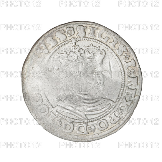 Prussian grosz, Sigismund I the Old (King of Poland; 1506–1548); 1529, Torun, Poland. Obverse: Crowned male bust in profile turned right, inscription in rim between pearly borders: .SIGIS.I.REX.PO.DO. Reverse: The Eagle of Royal Prussia, inscription in rim between pearly borders: .GROSS.COMV. Materials: coin; motifs: eagles, royal/male bust, Jagiellonian dynasty emblems; iconography of Sigismund I the Old.