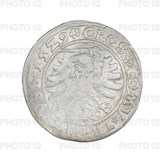 Prussian grosz, Sigismund I the Old (King of Poland; 1506–1548); 1529; Torun, Poland. Obverse: Crowned male bust in profile turned right, rim inscription: .SIGIS.I.REX.PO.DO. Reverse: Eagle of Royal Prussia, rim inscription: .GROSS.COMV., SS.15Z9. Subjects/emblems: eagles, royal bust, male busts; dynasty: Jagiellonians; iconography of Sigismund I the Old. Material: coin.