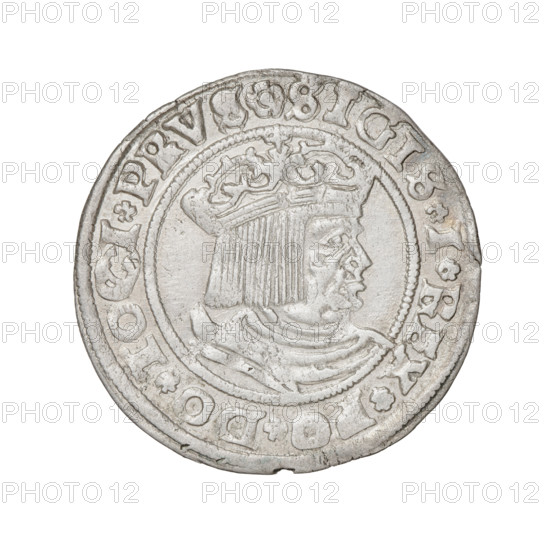 Prussian grosz, Sigismund I the Old (King of Poland; 1506–1548); 1529; Torun, Poland. Obverse: Crowned male bust in profile turned to the right, in the rim between pearl borders an inscription: .SIGIS.I.REX.PO.DO.TOCI.PRVS. Reverse: The Eagle of Royal Prussia, in the rim between the pearl borders the inscription: .GROSS.COMV.TERR. Materials: coin; iconography: eagles, emblems, male/royal bust; dynasty: Jagiellonians.