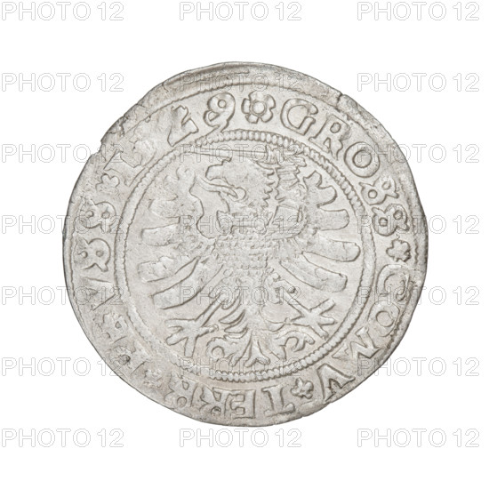 Prussian grosz, Sigismund I the Old (King of Poland; 1506–1548). Obverse: Crowned male bust in profile turned to the right; in the rim between pearl borders an inscription: .SIGIS.I.REX.PO.DO.TOCI.PRVS. Reverse: The Eagle of Royal Prussia; in the rim between the pearl borders the inscription: .GROSS.COMV.TERR. Maker/date: 1529. Mint: Torun, Poland. Subject/attributes: eagles, emblems, royal/male bust, Jagiellonian dynasty, Polish coin.