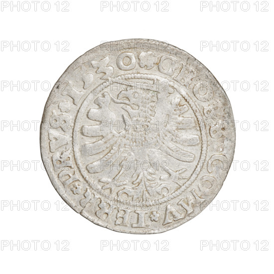 Prussian grosz, Sigismund I the Old (King of Poland; 1506–1548); 1530. Obverse: Crowned male bust in profile turned to the right, rim inscription: .SIGIS.I.REX.PO.DO.TOCI.PRVS. Reverse: The Eagle of Royal Prussia, rim inscription: .GROSS.COMV.TERR.PRVS.1530. Torun, Poland; coin.
