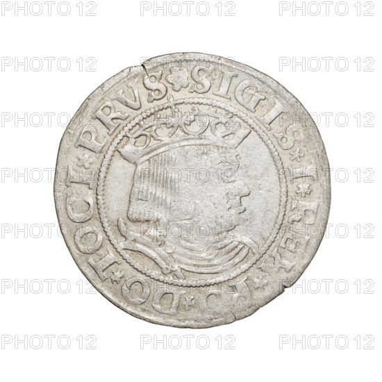 Prussian grosz, Sigismund I the Old (King of Poland; 1506–1548); coin (1530, Torun, Poland). Obverse: crowned male bust in profile turned to the right; rim between pearly borders inscribed '.SIGIS.I.RE, .PO.DO.TOCI.PRVS'. Reverse: the Eagle of Royal Prussia; rim between pearly borders inscribed '.GROSS.COMV.TERR.PRVSS.1530'. Themes/subjects: eagles, Polish coins, Jagiellonian dynasty emblems, eagle emblem, royal/male bust; iconography of Sigismund I the Old.