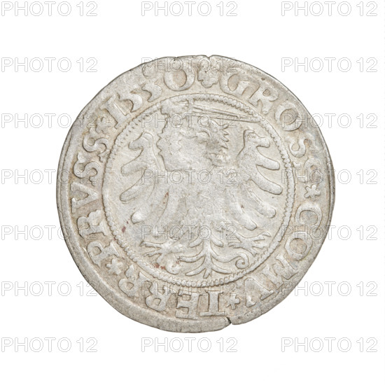 Prussian grosz, Sigismund I the Old (King of Poland; 1506–1548). Obverse: Crowned male bust in profile turned to the right; rim between pearly borders inscribed '.SIGIS.I.RE, .PO.DO.TOCI.PRVS Rw.' Reverse: The Eagle of Royal Prussia; rim between pearly borders inscribed '.GROSS.COMV.TERR.PRVSS.1530.' Dated 1530. Torun, Poland. Subjects/themes: eagles, Polish coins, Jagiellonians (dynasty), emblems, Eagle (emblem), male/royal bust; iconography of Sigismund I the Old. Coin; material implied (grosz).
