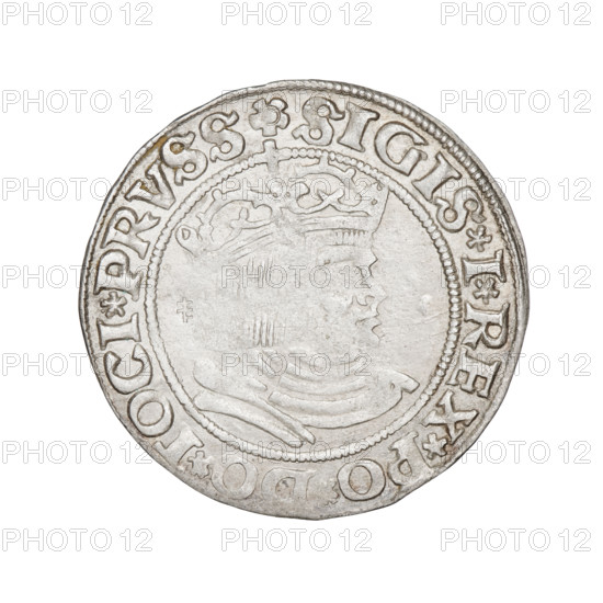 Prussian grosz, Sigismund I the Old (King of Poland; 1506–1548). Obverse: Crowned male bust in profile turned to the right, in the rim between the pearl borders an inscription: .SIGIS.I.REX.PO.DO.TOCI.PRVSS. Reverse: The Eagle of Royal Prussia, in the rim between the pearl borders the inscription: GROS.COMV.TERR.PRVS.1530. 1530, Torun, Poland, coin. Coats of arms; eagle motif; male royal bust; Jagiellonian dynasty iconography.