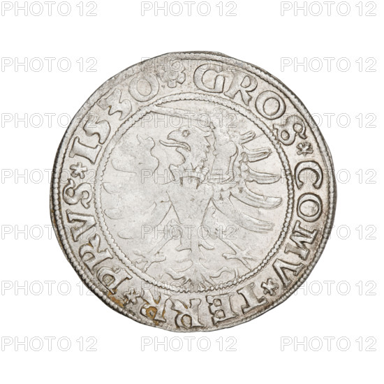 Prussian grosz, Sigismund I the Old (King of Poland; 1506–1548). Obverse: Crowned male bust in profile turned to the right; in the rim between the pearl borders an inscription: .SIGIS.I.REX.PO.DO.TOCI.PRVSS Rw. Reverse: The Eagle of Royal Prussia; in the rim between the pearl borders the inscription: GROS.COMV.TERR.PRVS.1530. 1530. Torun, Poland. Coin. Coats of arms; eagles; Jagiellonians (dynasty); royal bust; male busts; inscriptions.