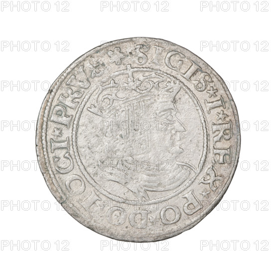 Prussian grosz, Sigismund I the Old (King of Poland; 1506–1548). Obverse: Crowned male bust in profile turned to the right; in the rim between pearl borders an inscription: .SIGIS.I.REX.PO.DO.TOCI.PRVS. Reverse: The Eagle of Royal Prussia; in the rim between the pearl borders the inscription: .GROSS.COMV.TERR.PRVSS.1530. 1530, Torun, Poland. Subjects/emblems: eagles, Jagiellonians dynasty, royal bust, male busts; iconography related to Sigismund I the Old. Coin.
