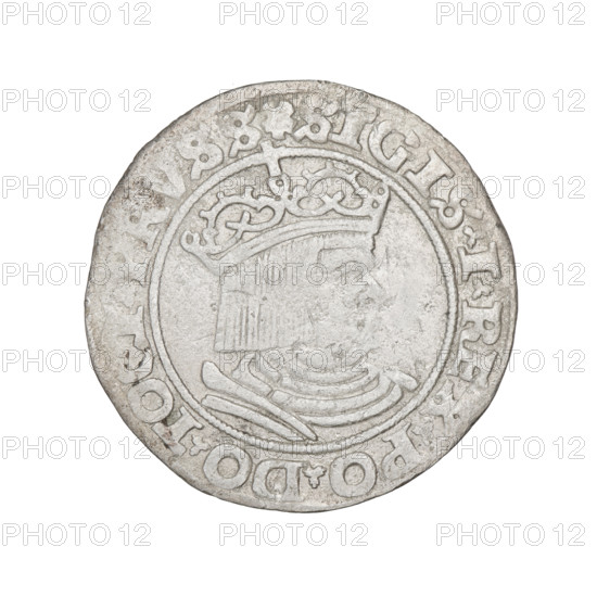 Prussian grosz, Sigismund I the Old (King of Poland; 1506–1548); obverse: crowned male bust in profile turned to the right, in the rim between pearl borders an inscription: .SIGIS.I.REX.PO.DO.TOCT, RVSS Rw.; reverse: the Eagle of Royal Prussia, in the rim between the pearl borders the inscription: .GROSS.COMV.TERR.PRVSS.1530; dated 1530; Torun, Poland; coin.