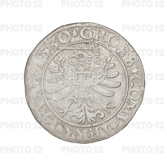 Prussian grosz, Sigismund I the Old (King of Poland; 1506–1548); obverse: crowned male bust in profile turned to the right, in the rim between pearl borders an inscription: .SIGIS.I.REX.PO.DO.TO.C, RVSS Rw.; reverse: the Eagle of Royal Prussia, in the rim between the pearl borders the inscription: .GROSS.COMV.TERR.PRVSS.1530; dated 1530; Torun, Poland; coin.