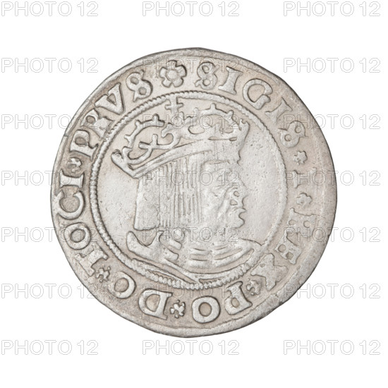 Prussian grosz, Sigismund I the Old (King of Poland; 1506–1548); 1530; Torun, Poland. Obverse: crowned male bust in profile turned to the right, in the rim between pearl borders an inscription: .SIGIS.I.REX.PO.DO.TOCI.PRVS. Reverse: the Eagle of Royal Prussia, in the rim between the pearl borders the inscription: .GROSS.COMV.TERR.PRVSS.1. Associated iconography: eagles, Polish coins, Jagiellonian dynasty, emblems, eagle (emblem), male/royal bust, Sigismund I the Old — iconography.