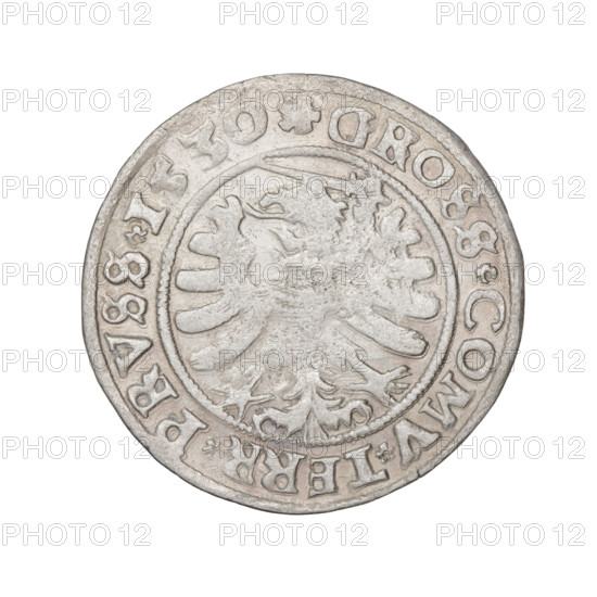 Prussian grosz, Sigismund I the Old (King of Poland; 1506–1548); motifs: eagles, emblems, male/royal bust, Jagiellonian dynasty; iconography of Sigismund I the Old (1467–1548). Obverse: Crowned male bust in profile turned to the right, in the rim between pearl borders an inscription: .SIGIS.I.REX.PO.DO.TOCI.PRVS. Reverse: The Eagle of Royal Prussia, in the rim between the pearl borders the inscription: .GROSS.COMV.TERR.PRVSS.1. Date: 1530. Mint: Torun, Poland. Coin denomination: grosz.