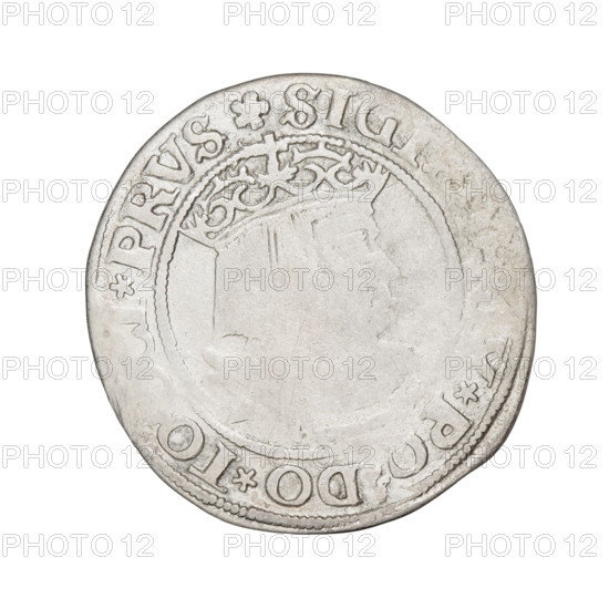 Prussian grosz, Sigismund I the Old (King of Poland; 1506–1548); 1530; Torun, Poland. Obverse: Crowned male bust in profile turned to the right, in the rim between pearly borders an inscription: .SIGI, .PO.DO.TO, I.PRVS Rw. Reverse: The Eagle of Royal Prussia, in the rim between the pearl borders the inscription: .GRO, .1530.GROS, PRVS. Subjects/attributes: eagles, Polish coins, Jagiellonians (dynasty), emblems, Eagle (emblem), male/royal bust, Sigismund I the Old — iconography. Materials/function: coin.