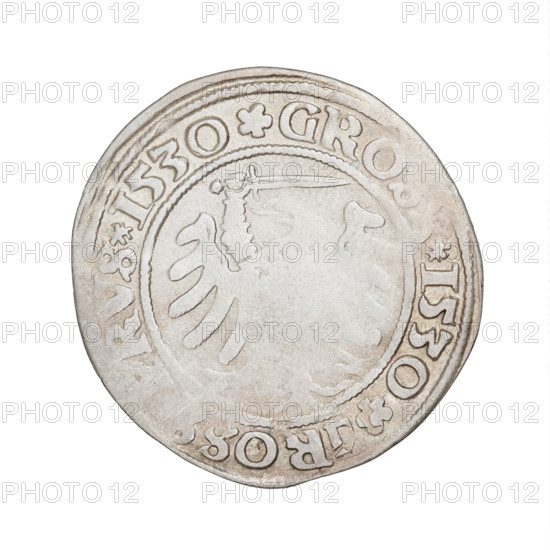 Prussian grosz, Sigismund I the Old (King of Poland; 1506–1548), eagles, Polish coins, Jagiellonians (dynasty), emblems, Eagle (emblem), male busts, royal bust, Sigismund I the Old (King of Poland; 1467–1548) — iconography. Obv.: Crowned male bust in profile turned to the right; in the rim between pearly borders an inscription: .SIGI, .PO.DO.TO, I.PRVS Rw. The Eagle of Royal Prussia; in the rim between the pearl borders the inscription: .GRO, .1530.GROS, PRVS, 1530, Torun, Poland, coin.