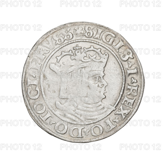 Prussian grosz, Sigismund I the Old (King of Poland; 1506–1548); obverse: crowned male bust in profile turned to the right, in the rim between pearly borders an inscription: .SIGIS.I.REX.PO.DO.TOCI.PRVSS Rw.; reverse: the Eagle of Royal Prussia, in the rim between the pearl borders the inscription: GROS.COMV.TERR.PRVS.1530; dated 1530; Torun, Poland; coin.