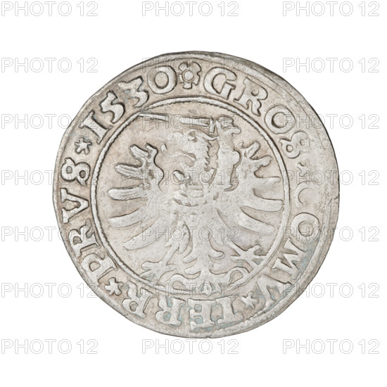 Prussian grosz, Sigismund I the Old (King of Poland; 1506–1548); 1530. Obverse: Crowned male bust in profile turned to the right, in the rim between pearly borders an inscription: .SIGIS.I.REX.PO.DO.TOCI.PRVSS Rw. Reverse: The Eagle of Royal Prussia, in the rim between the pearl borders the inscription: GROS.COMV.TERR.PRVS. Materials: coin; subject elements: eagles, emblems, royal bust, male bust; iconography: Sigismund I the Old (1467–1548). Origin: Torun, Poland.