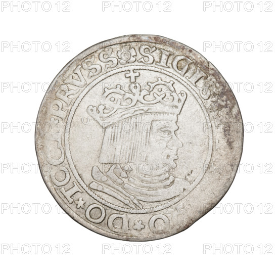 Prussian grosz, Sigismund I the Old (King of Poland; 1506–1548); obverse: crowned male bust in profile facing right with rim inscription '.SIGIS, O.DO.TOCI.PRVSS Rw.'; reverse: Eagle of Royal Prussia with rim inscription '.GROSS.COM, ERR.PRVS,' dated 1530; Torun, Poland. Subjects/emblems: eagles, royal bust, male busts; dynasty: Jagiellonians; category: Polish coin, numismatic iconography of Sigismund I the Old.