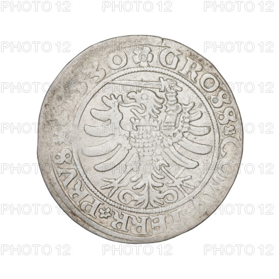 Prussian grosz, Sigismund I the Old (King of Poland; 1506–1548). Obverse: Crowned male bust in profile turned to the right; in the rim between pearl borders the inscription '.SIGIS.O.DO.TOCI.PRVSS'. Reverse: The Eagle of Royal Prussia; in the rim between the pearl borders the inscription '.GROSS.COM.ERR.PRVS'. Dated 1530, Torun, Poland. Subjects/attributes: eagles, Polish coins, Jagiellonians (dynasty), emblems, Eagle (emblem), male/royal bust; iconography of Sigismund I the Old.